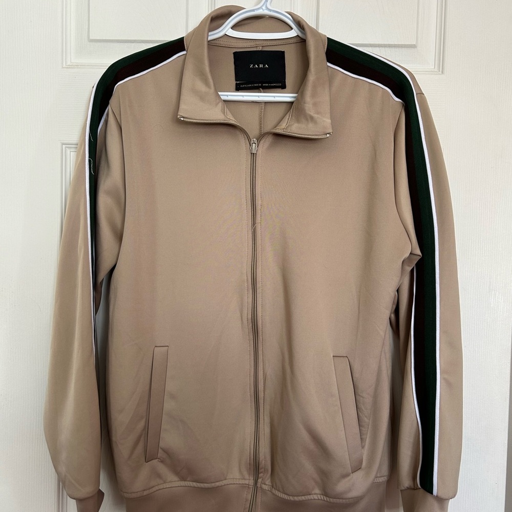 Zara Tan Track Jacket with Black and White Green Stripes